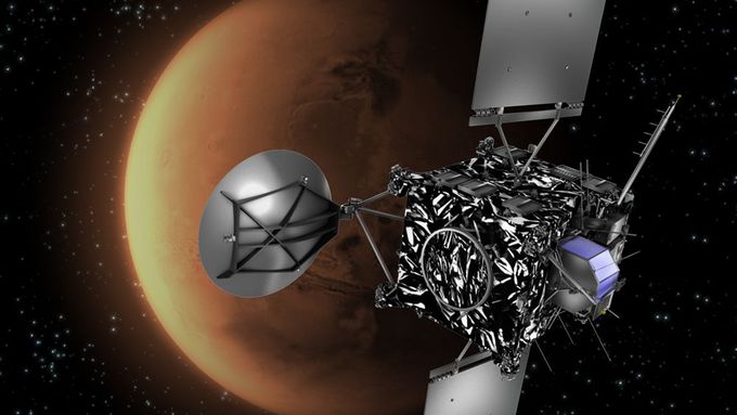 Sonda Rosetta pořizuje snímky Marsu (představa kreslíře), než zamířila zpět k Zemi, aby tu nabrala vyššší rychlost (a postrašila astronomy).