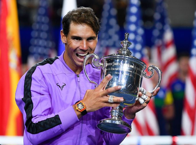 Sept 8, 2019; Flushing, NY, USA;  Rafael Nadal of Spain celebrates with the championship trophy after beating Daniil Medvedev of Russia in the men’s singles final on day