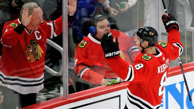 Oct 20, 2019; Chicago, IL, USA; Chicago Blackhawks left wing Dominik Kubalík (8) celebrates after scoring against the Washington Capitals during the third period at Unite