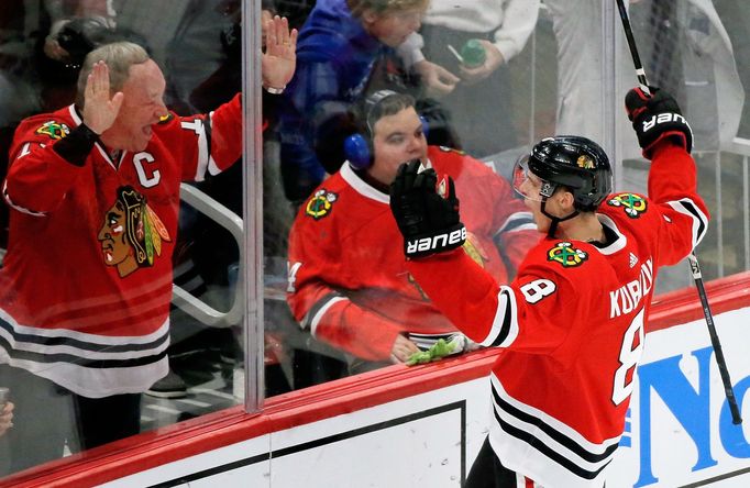 Oct 20, 2019; Chicago, IL, USA; Chicago Blackhawks left wing Dominik Kubalík (8) celebrates after scoring against the Washington Capitals during the third period at Unite