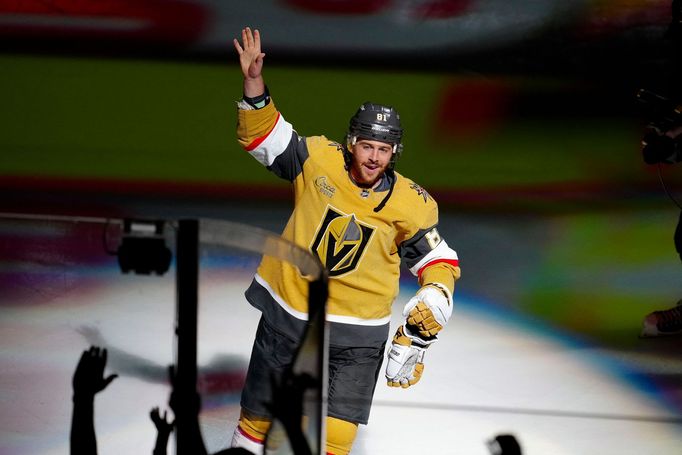 May 21, 2023; Las Vegas, Nevada, USA; Vegas Golden Knights right wing Jonathan Marchessault (81) waves to the crows after the Vegas Golden Knights win the game against th