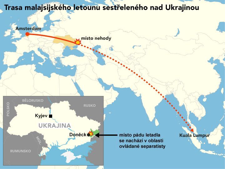 Trasa malajsijského letounu sestřeleného nad Ukrajinou