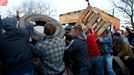 Pro-Russia protesters build a barricade in front of an Ukrainian airbase in Kramatorsk, in eastern Ukraine April 15, 2014.