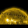 Transit of Venus A good portion of the world was watching as Venus glided in front of the Sun for over six hours (June 5 - 6, 2012). SDO implemented specially planned operations to view the event in great detail in many wavelengths of light. The results were the best HD views of a transit ever taken. The image shown was taken in the 171 Angstrom wavelength of extreme UV light showing Venus' path across the Sun. Numerous image and movie versions of the Venus transit as seen by all NASA solar imaging spacecraft can be found here: http://www.nasa.gov/mission_pages/sunearth/multimedia/venus-transit-2012.html.
