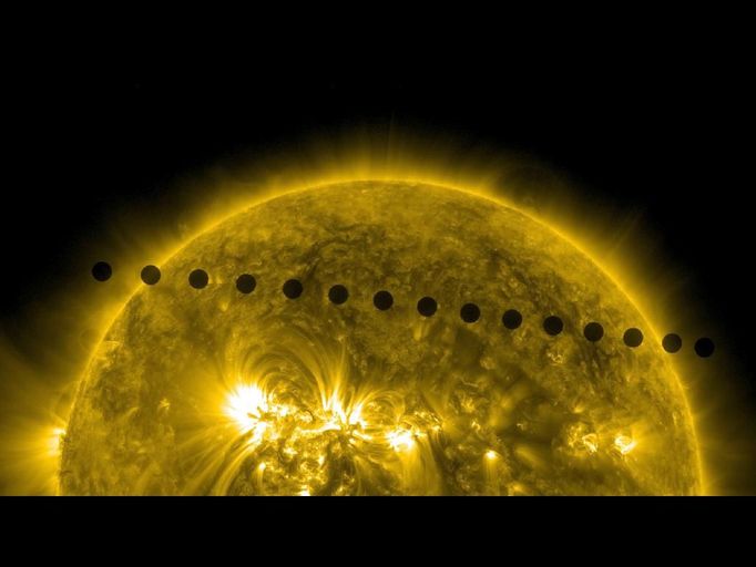 Transit of Venus A good portion of the world was watching as Venus glided in front of the Sun for over six hours (June 5 - 6, 2012). SDO implemented specially planned operations to view the event in great detail in many wavelengths of light. The results were the best HD views of a transit ever taken. The image shown was taken in the 171 Angstrom wavelength of extreme UV light showing Venus' path across the Sun. Numerous image and movie versions of the Venus transit as seen by all NASA solar imaging spacecraft can be found here: http://www.nasa.gov/mission_pages/sunearth/multimedia/venus-transit-2012.html.