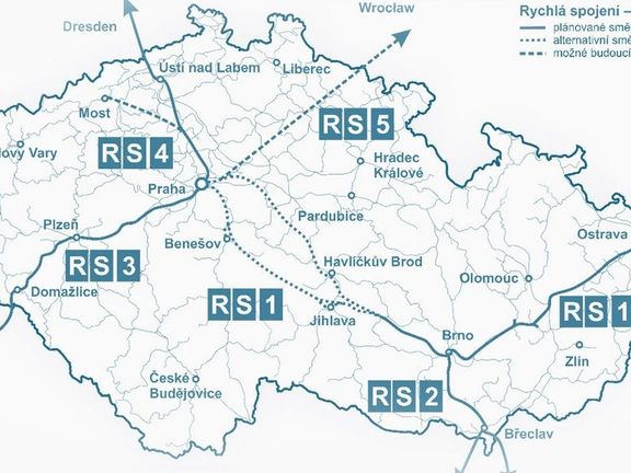 Plán vysokorychlostních tratí VRT v Česku.