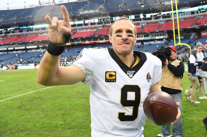 Dec 22, 2019; Nashville, Tennessee, USA; New Orleans Saints quarterback Drew Brees (9) after a win against the Tennessee Titans at Nissan Stadium. Mandatory Credit: Chris