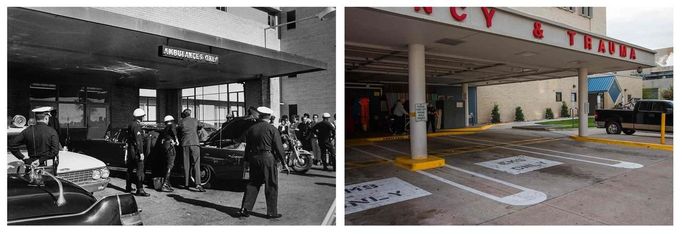 A combination picture shows (L) U.S. Secret Service agents and local police examining the presidential limousine as it sits parked at Parkland Memorial Hospital in Dallas, Texas under a sign reading "Ambulances Only" as President John F. Kennedy is treated inside the hospital after being shot while driving through the streets of Dallas on November 22, 1963 in this White House handout photograph and (R) the same parking area for ambulances outside the emergency room at Parkland Memorial Hospital in Dallas, Texas November 9, 2013.