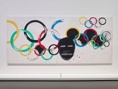 Na snímku z výstavy je dílo Olympijské kruhy od Jeana-Michela Basquiata a Andyho Warhola z roku 1985.