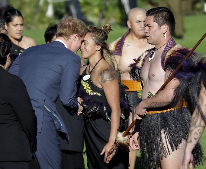 Britain's Prince Harry receives a hongi during his official welcome at Government House in Wellington