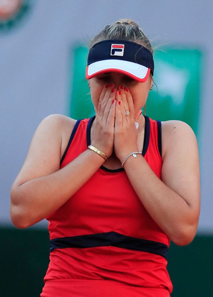 Tennis - French Open - Roland Garros, Paris, France - June 1, 2019. Sofia Kenin of the U.S. reacts after winning her third round match against Serena Williams of the U.S.