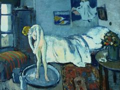 Po hektických týdnech, během nichž připravoval obrazy na Vollardovu výstavu, se Picasso začal soustředit na složitější kompozici obrazů a jejich symboliku. Na zdi malířova pokoje visí vedle Picassovi krajiny plakát Toulouse-Lautreca May Milton z roku 1985, koupající se žena byla častým námětem Degase. Vystavění pokoje samotného některým historikům umění připomíná obraz Bedroom at Arles (1888) Vincenta Van Gogha. Pablo Picasso: Modrý pokoj (Vana), 1901