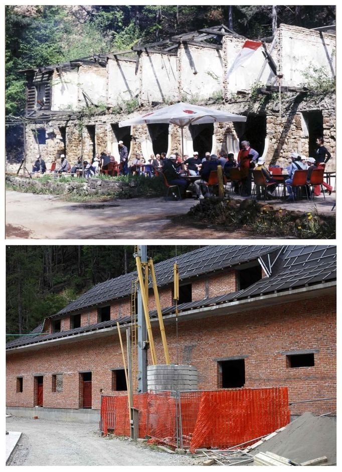 A combination of pictures show the scene of a cafe during the year 1997 (at top) and 2012 (at bottom) after the Srebrenica massacre in Srebrenica. During the war, Bosnian Serb forces commanded by General Ratko Mladic killed up to 8000 Muslim men and boys in the Srebrenica area. Bosnian Serb army commander Mladic, who personally witnessed the capture of Srebrenica, was arrested in Serbia in May 2011 after 16 years on the run. He is accused of genocide for orchestrating the massacre and for his role in the siege of Bosnia's capital Sarajevo. Some 520 recently discovered Bosnian Muslim victims' remains from the Srebrenica massacre will be buried on July 11 at the Memorial center in Potocari. The International Commission for Missing Persons has so far identified more than 7,000 Srebrenica victims. REUTERS/Staff (BOSNIA AND HERZEGOVINA - Tags: CITYSPACE CIVIL UNREST CRIME LAW CONFLICT) Published: Čec. 9, 2012, 5:12 odp.