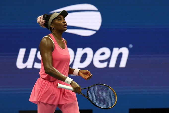 Tennis - U.S. Open - Flushing Meadows, New York, United States - August 29, 2023 Venus Williams of the U.S. reacts after losing her first round match against Belgium's Gr