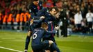 Zlatan Ibrahimovic celebrates with team mates after scoring the first goal for Paris St Germain