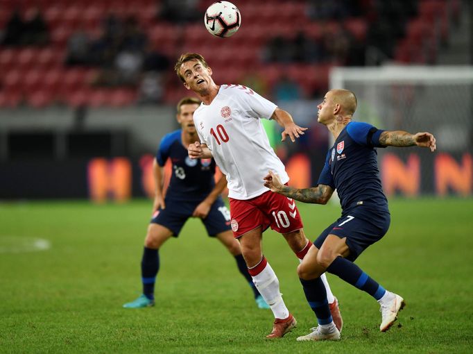 fotbal, přátelský zápas, Slovensko - Dánsko, Rasmus Gaudin a Vladimír Weiss