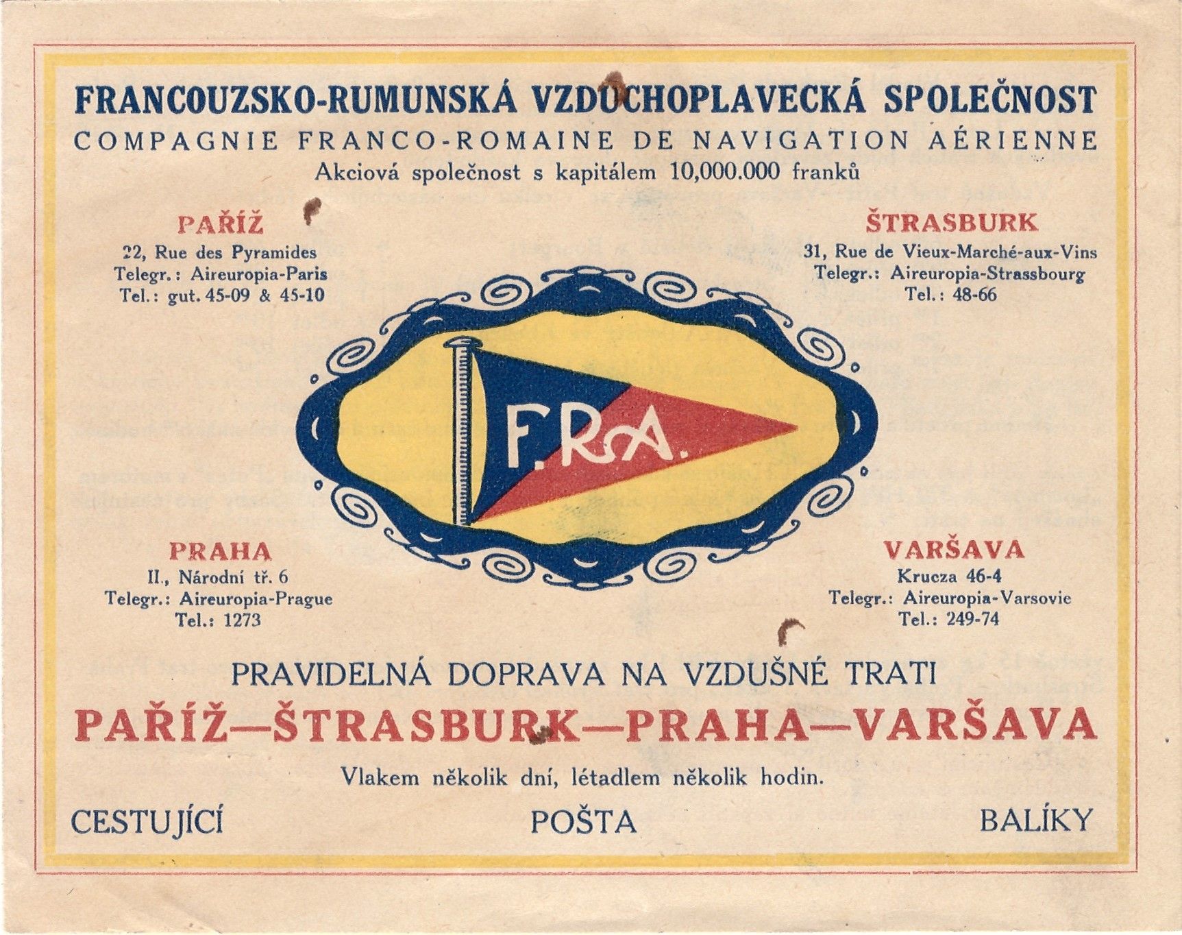 Počátky letectví - začátky společnosti CFRNA / CIDNA v Praze.