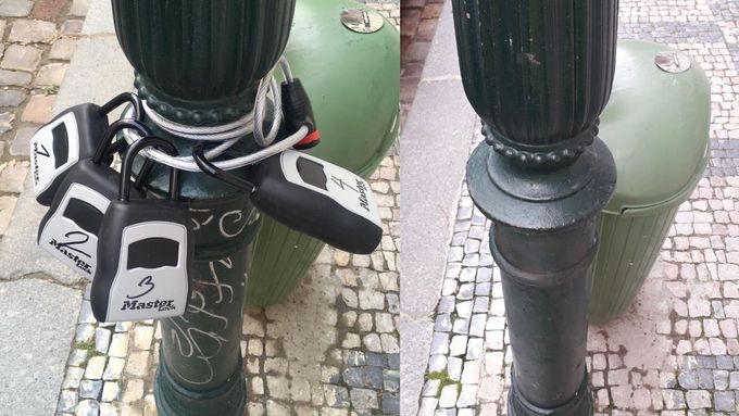 Městská organizace odstraňuje schránky na klíče, které jsou načerno umístěné na stožárech veřejného osvětlení.