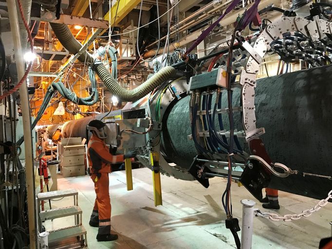 A specialist works onboard the Allseas' deep sea pipe laying ship Solitaire to prepare a pipe for Nord Stream 2 pipeline in the Baltic Sea September 13, 2019. Picture tak