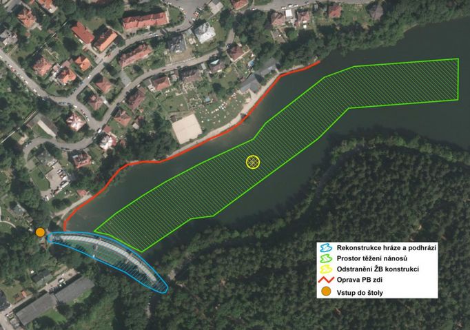 Přehrada Harcov v Liberci a schematický popis hlavních částí plánované obnovy vodního díla