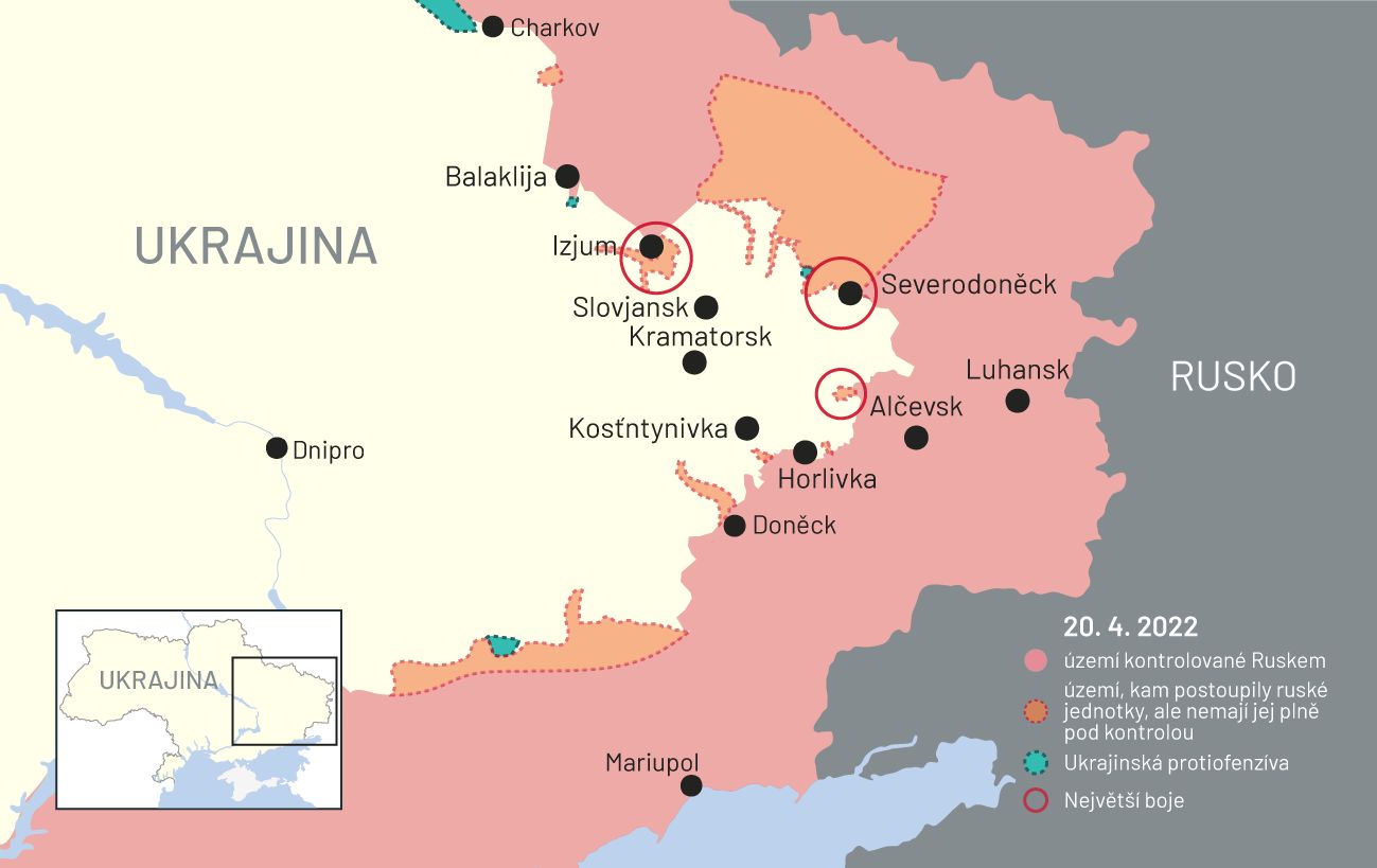 20. duben 2022: Mapa bojů na Ukrajině