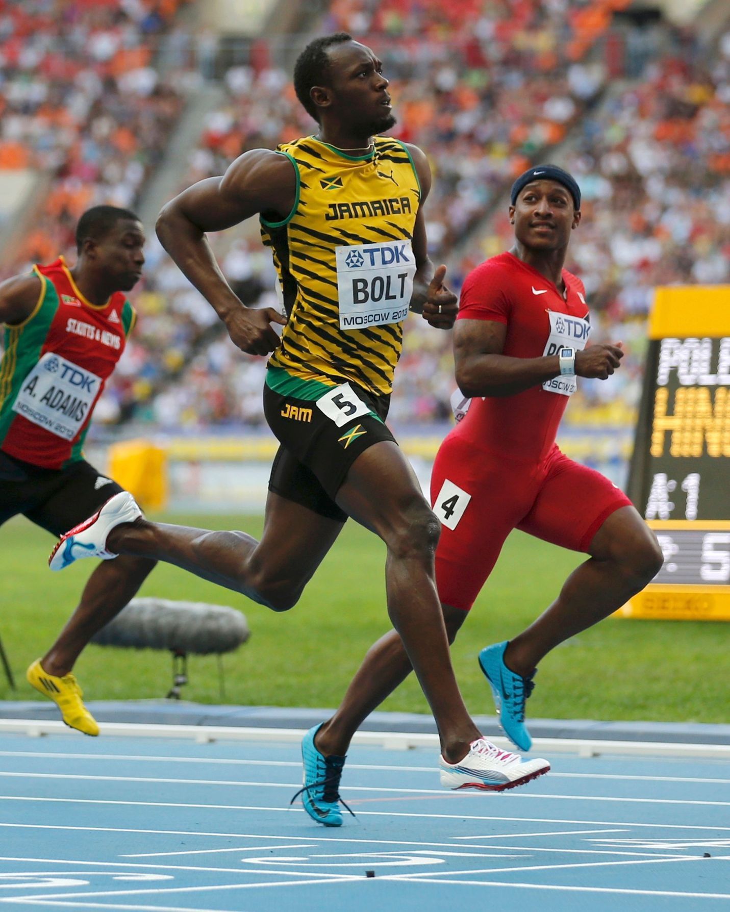 MS v atletice 2013, 100 m - semifinále: Usain Bolt a Mike Rodgers