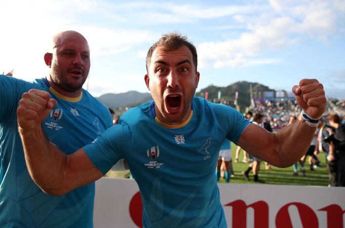 Rugby Union - Rugby World Cup 2019 - Pool D - Fiji v Uruguay - Kamaishi Recovery Memorial Stadium, Kamaishi, Japan - September 25, 2019  Uruguay's Gaston Mieres and Juan