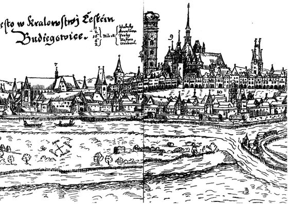 České Budějovice (na vedutě z roku 1602), královské město vzdálené čtyři hodiny chůze od Trocnova, bylo centrem Žižkova rodného kraje.