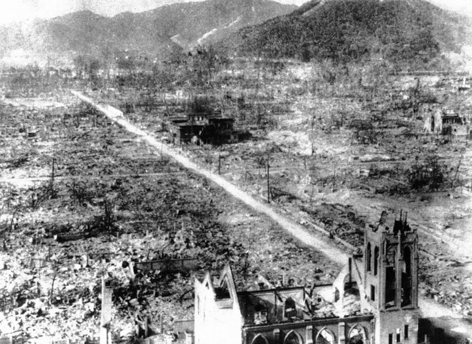 Sept. 5, 1945. The skeleton of a Catholic Church, foreground, and an unidentified building are all that remaining the blast center area after the atomic bomb of Hiroshima