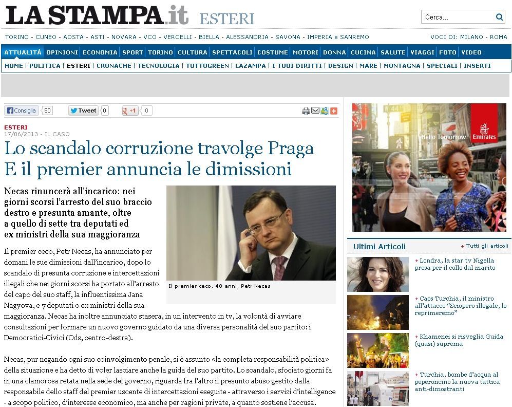 Nečas - rezignace - La Stampa