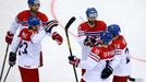 Jakub Kindl of the Czech Republic (top, L) celebrates his goal against Denmark during the third period of their men's ice hockey World Championship Group A game at Chizho