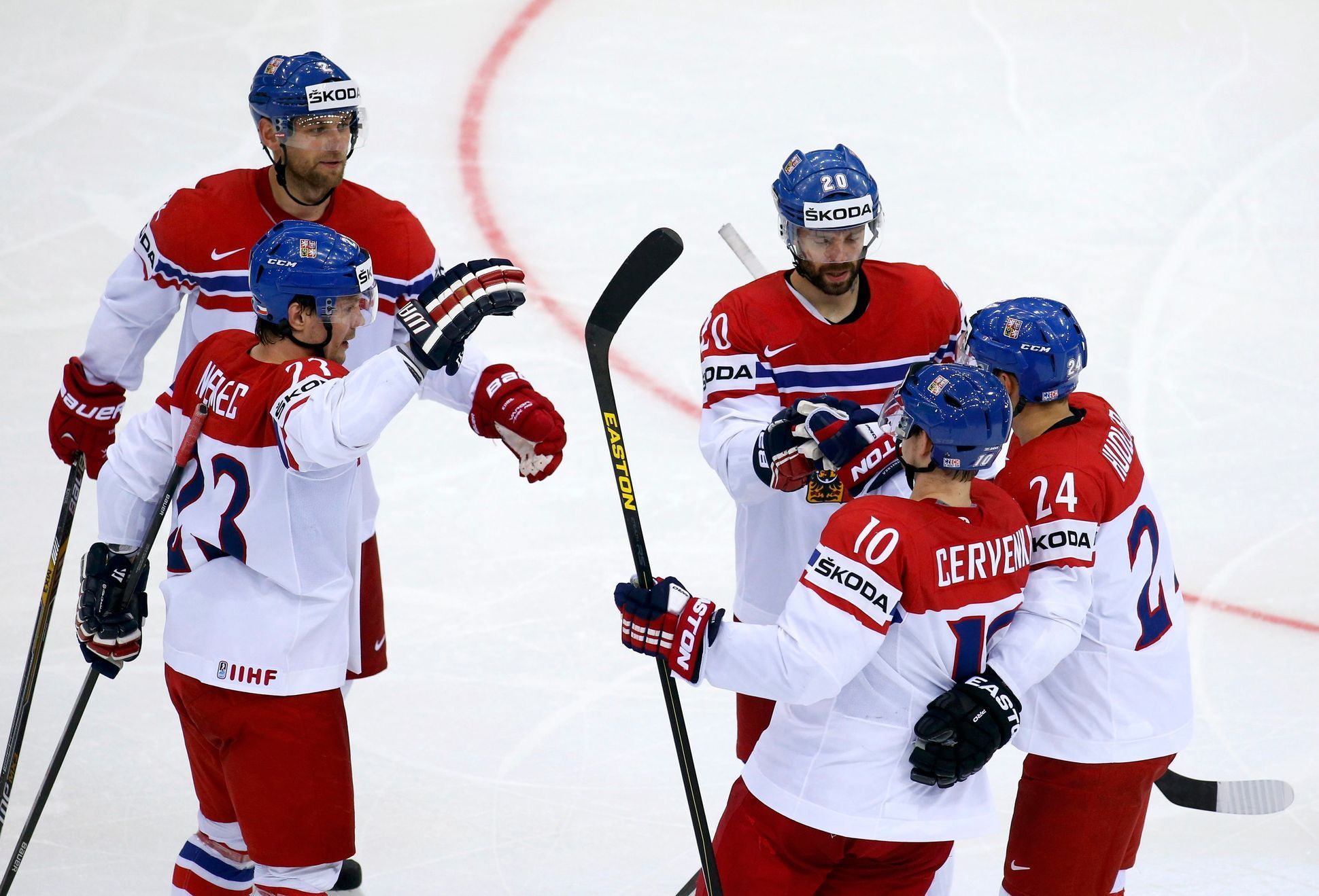 Kindl of the Czech Republic celebrates his goal against Denmark during the third period of their men's ice hockey World Championship Group A game at Chizhovka Arena in Minsk