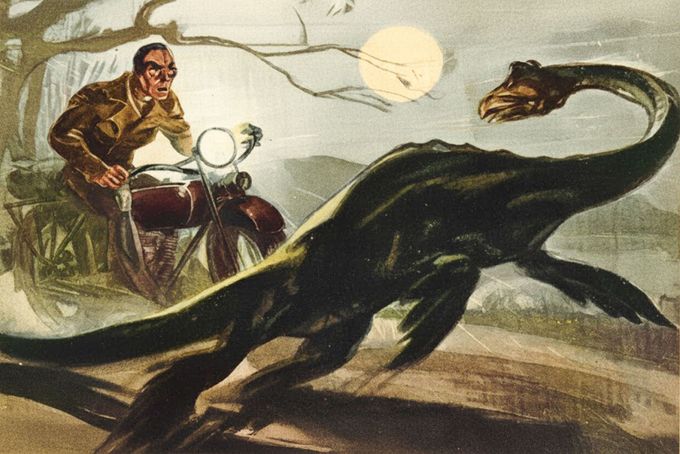 Dobová umělecká vize setkání Arthura Granta s příšerou u Loch Ness, leden 1934. Ilustrace jednoho z mála slavných „pozemních“ pozorování.  Kolorováno
