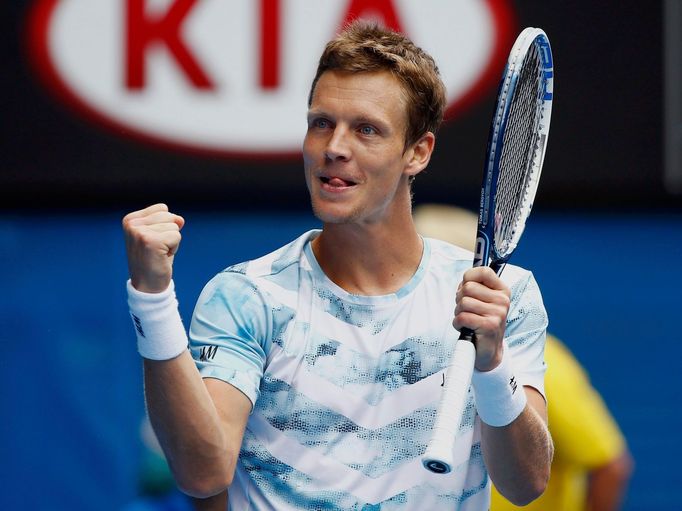 Tomáš Berdych při vítězném čtvrtfinále Australian Open s Rafaelem Nadalem.