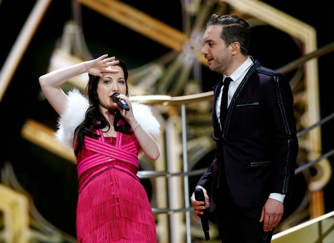 Electro Velvet representing United Kingdom perform during a dress rehearsal for the upcoming 60th annual Eurovision Song Contest In Vienna