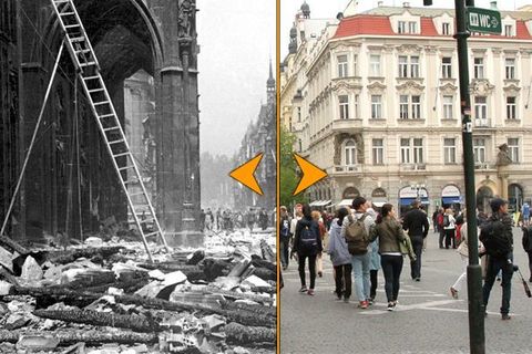Tehdy a nyní: Barikády a rozstřílené fasády v Praze 1945