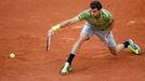 Grigor Dimitrov of Bulgaria returns a backhand to Ivo Karlovic of Croatia during their men's singles match at the French Open tennis tournament at the Roland Garros stadi