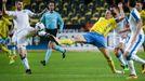 Czech Republic's Daniel Pudil (L) fights for the ball with Sweden's Zlatan Ibrahimovic during the friendly soccer match at the Friends Arena in Stockholm