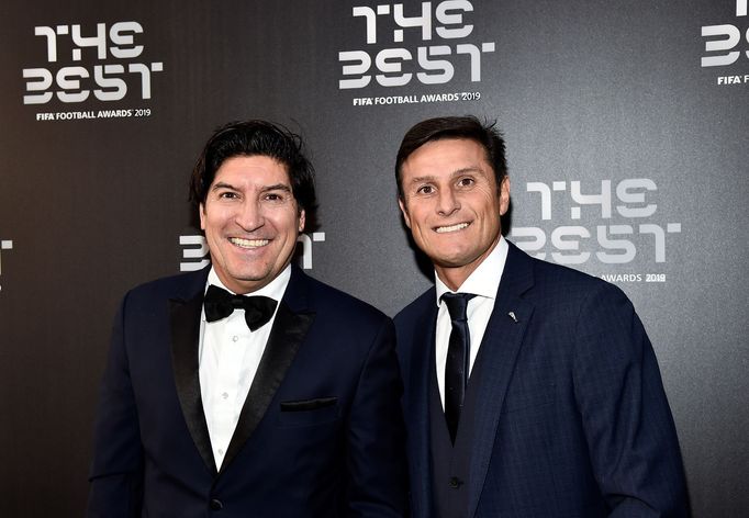 Soccer Football - The Best FIFA Football Awards - Teatro alla Scala, Milan, Italy - September 23, 2019   Former Inter Milan players Ivan Zamorano and Javier Zanetti pose