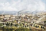 Celkový pohled na areál Ringhofferovy továrny v Praze na Smíchově. Obarvená fotografie z přelomu 19. a 20. století.