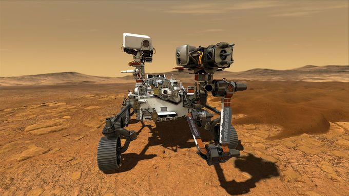 Robotické vozítko Perseverance americké NASA, které bude na Marsu sbírat vzorky hornin. Jednou by se měli dostat do laboratoří na Zemi.