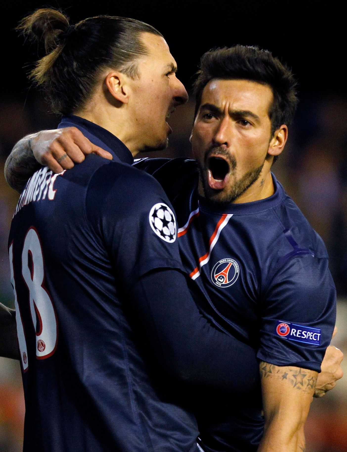 Liga mistrů, Valencie - Paris St. Germain: Zlatan Ibrahimovič  a Ezequiel Lavezzi (PSG)