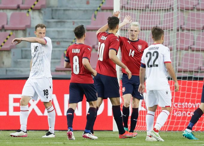 Češi slaví gól na 1:0 v zápase Česko - Albánie