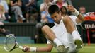 Srbský tenista Novak Djokovič při pádu v semifinálovém utkání Wimbledonu 2012 se Švýcarem Rogerem Federerem.