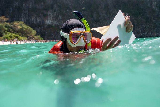 Thajská zátoka Maya Bay, kde turisté pozorují žraloky černoploutvé.