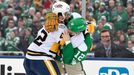 Jan 1, 2020; Dallas, TX, USA; Nashville Predators center Colin Blackwell (42) fights Dallas Stars center Radek Faksa (12) during the first period in the 2020 Winter Class