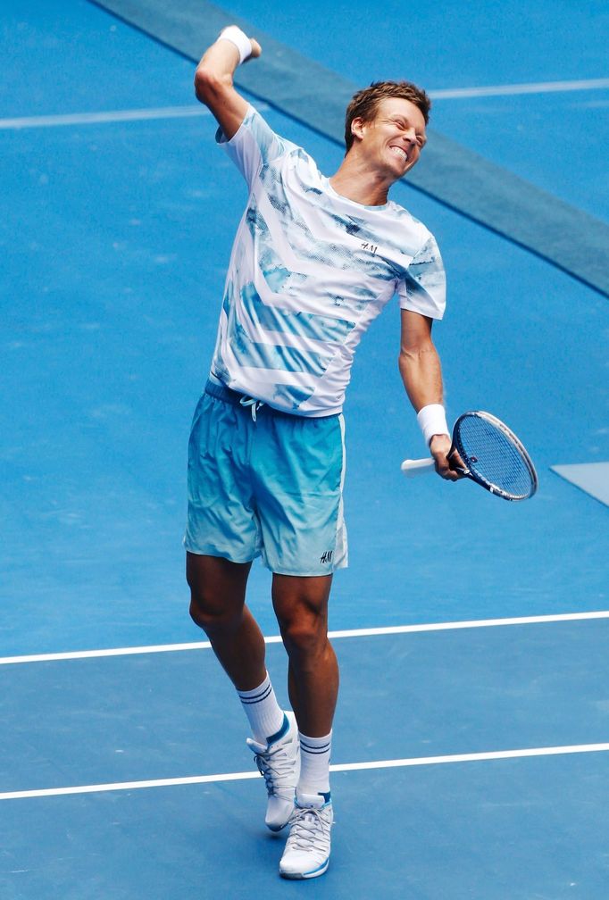 Tomáš Berdych při vítězném čtvrtfinále Australian Open s Rafaelem Nadalem.