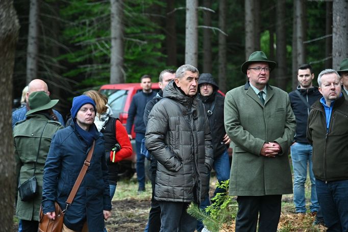 Premiér Andrej Babiš a ministryně financí Alena Schillerová si 15. května 2019 v lokalitě Bílovna nedaleko Bernartic prohlédli lesy zasažené kůrovcem.