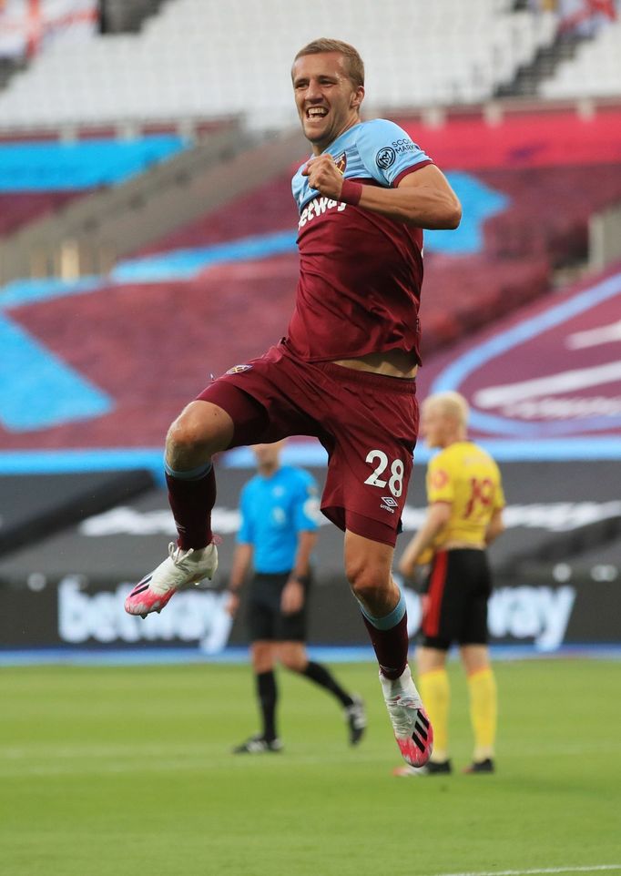 Tomáš Souček slaví gól v zápase West Ham United - Watford