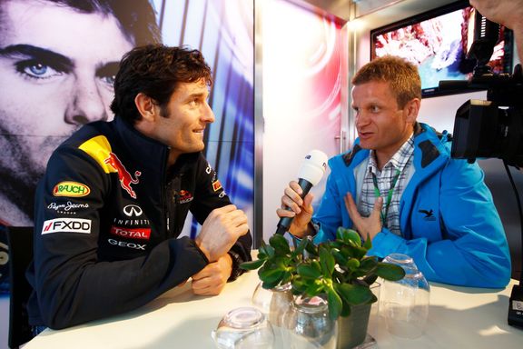 Pavel Turek coby spolukomentátor televizních přenosů závodů Formule 1. Na fotce s Markem Webberem.